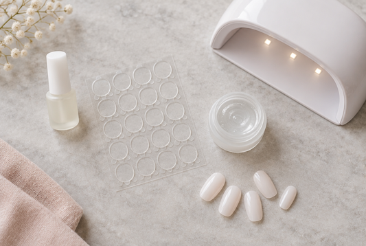 Brush-on nail glue, adhesive tabs and gel glue with a nail lamp on stone