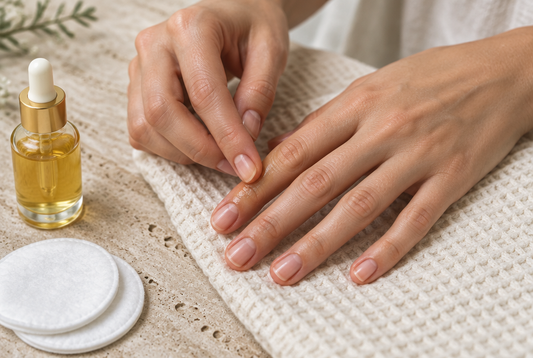 Massaging cuticle oil into fingertips to loosen nail glue