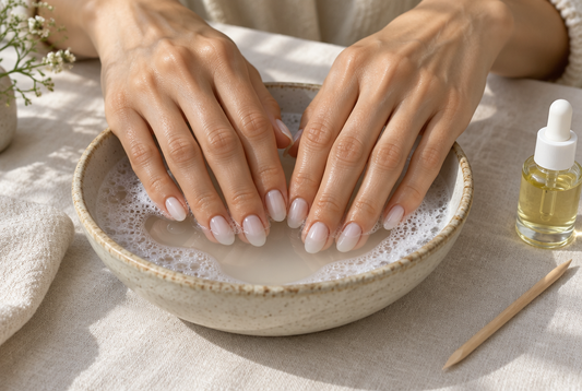 Fingertips with milky white press-on nails soaking in a ceramic bowl of warm soapy water