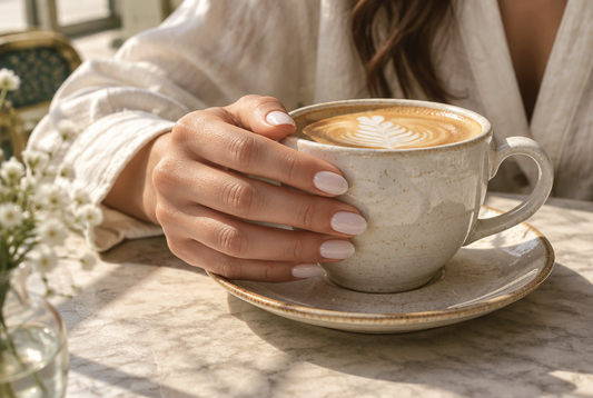 Hand with short milky white almond press-on nails holding a latte