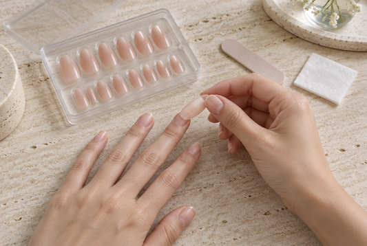 Placing a sheer nude press-on nail onto a fingertip beside a tray of sizes