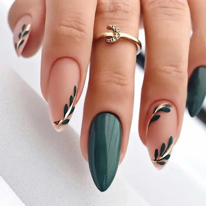 Green Leaves Design Elliptic Acrylic Wearable French Press on Nails