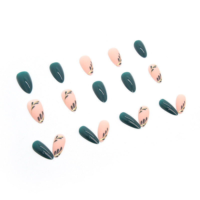 Green Leaves Design Elliptic Acrylic Wearable French Press on Nails