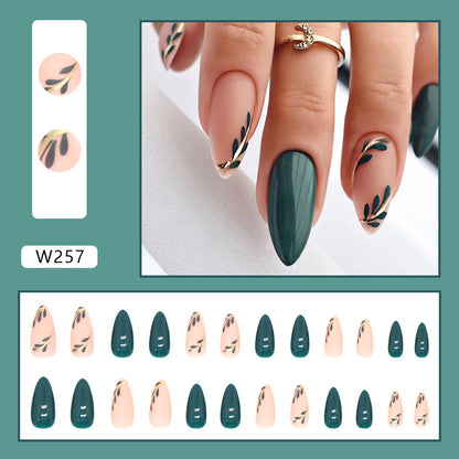 Green Leaves Design Elliptic Acrylic Wearable French Press on Nails