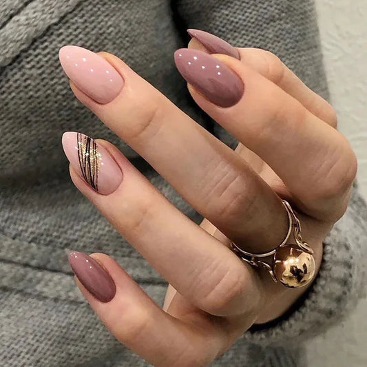 Slant Gold Line Lotus Pink Press on Nails