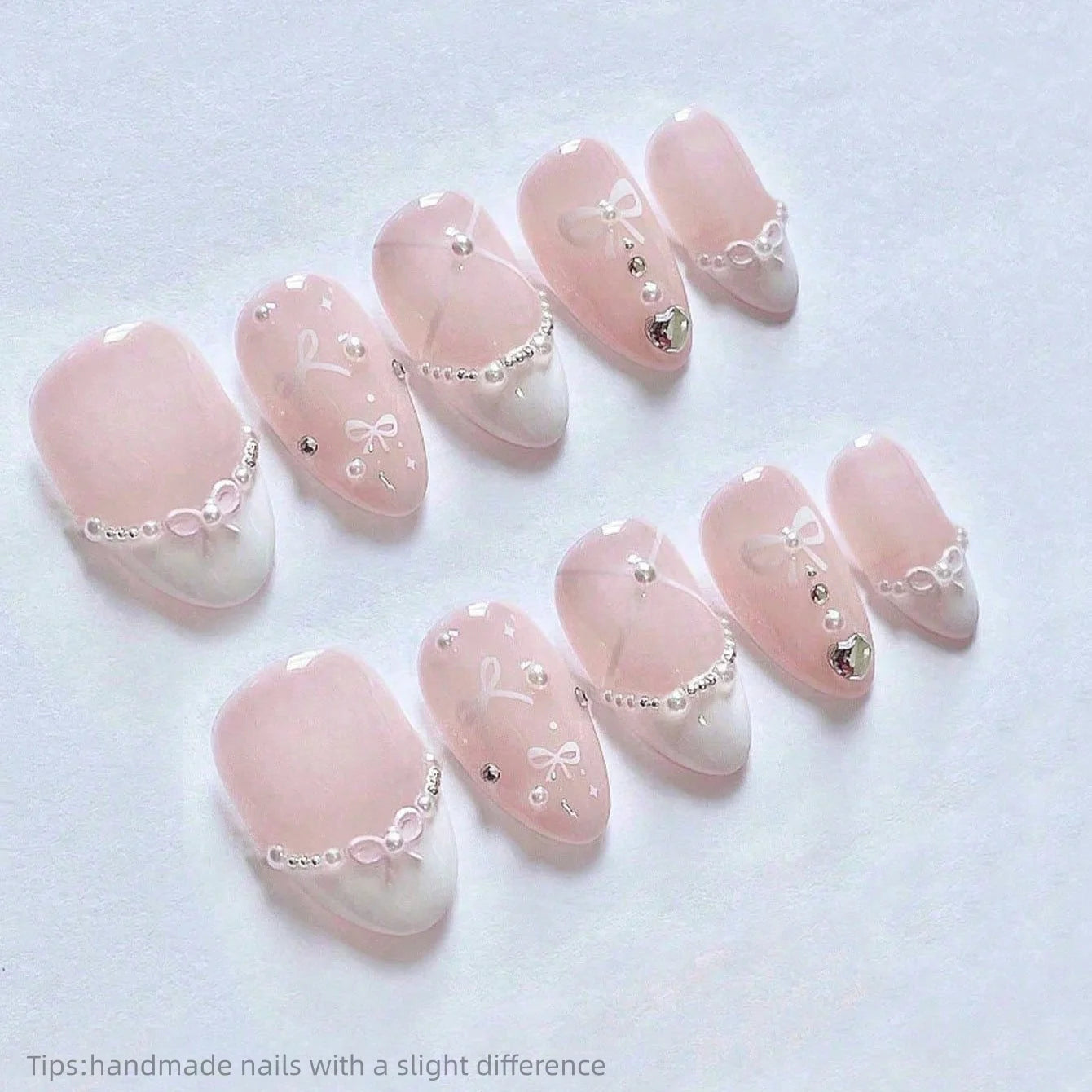 10pcs Handmade Pink White French Pearl Press on Nails