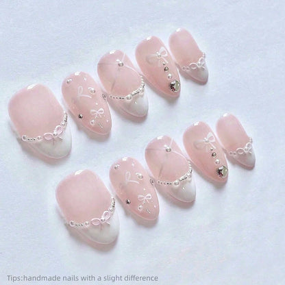 10pcs Handmade Pink White French Pearl Press on Nails
