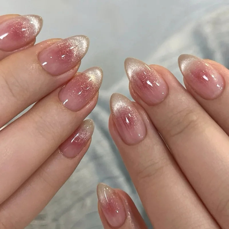 24Pcs Pink Almond Metallic Gloss Press on Nails - Multiple Colours