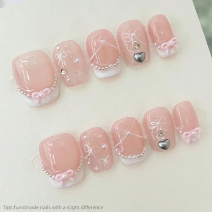 10pcs Handmade Pink White French Pearl Press on Nails