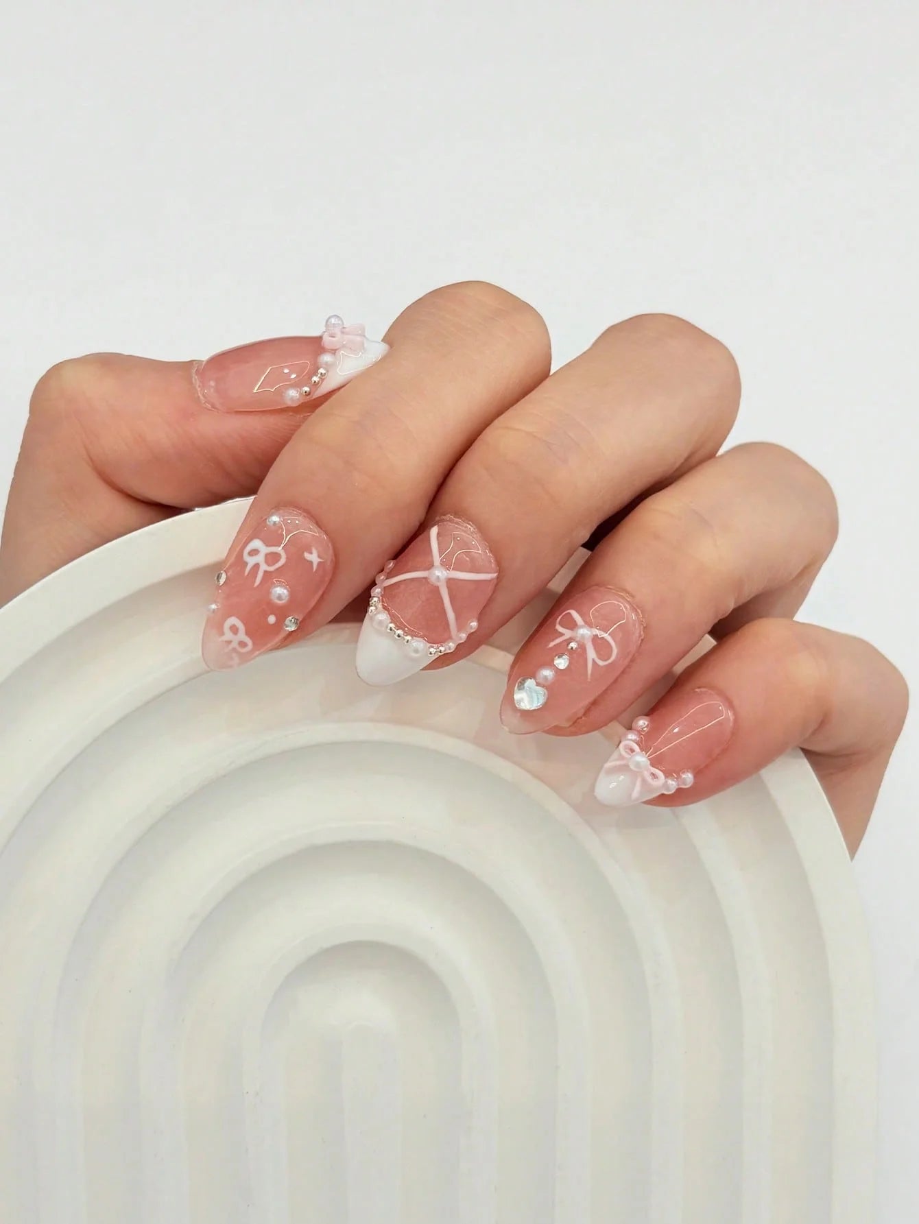10pcs Handmade Pink White French Pearl Press on Nails