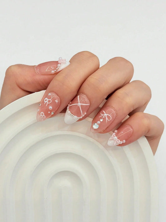 10pcs Handmade Pink White French Pearl Press on Nails